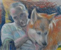 Autoportret z psem - pastel suchy. Autor: Stefan Bigda